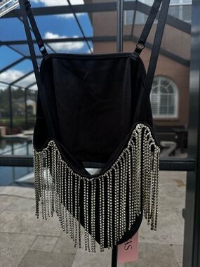 Black Rhinestone Fringe Crop Top - Unbranded